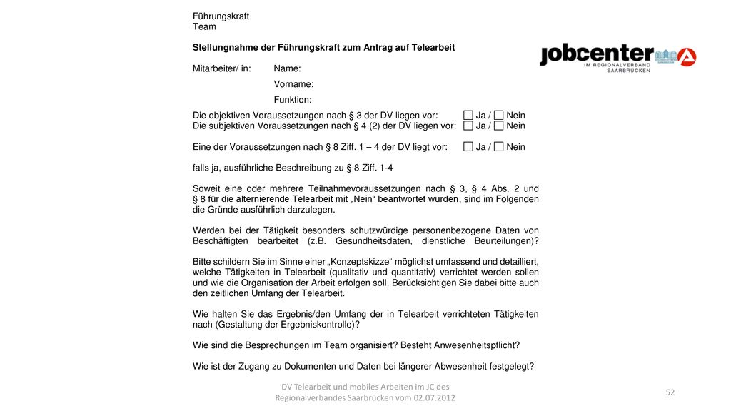 DV Telearbeit und mobiles Arbeiten im JC des Regionalverbandes Saarbrücken vom