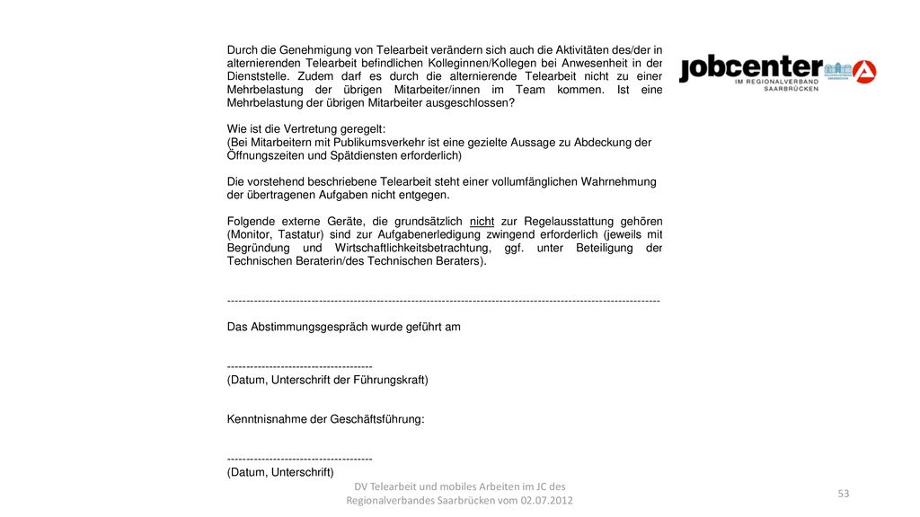 DV Telearbeit und mobiles Arbeiten im JC des Regionalverbandes Saarbrücken vom