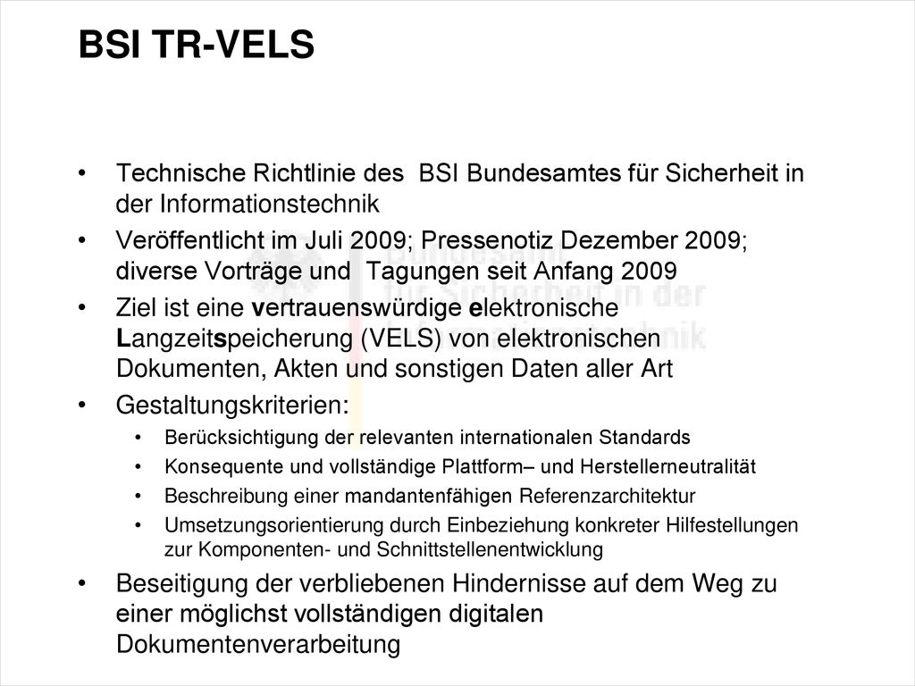 BSI TR-VELS Technische Richtlinie des BSI Bundesamtes für Sicherheit in der Informationstechnik.