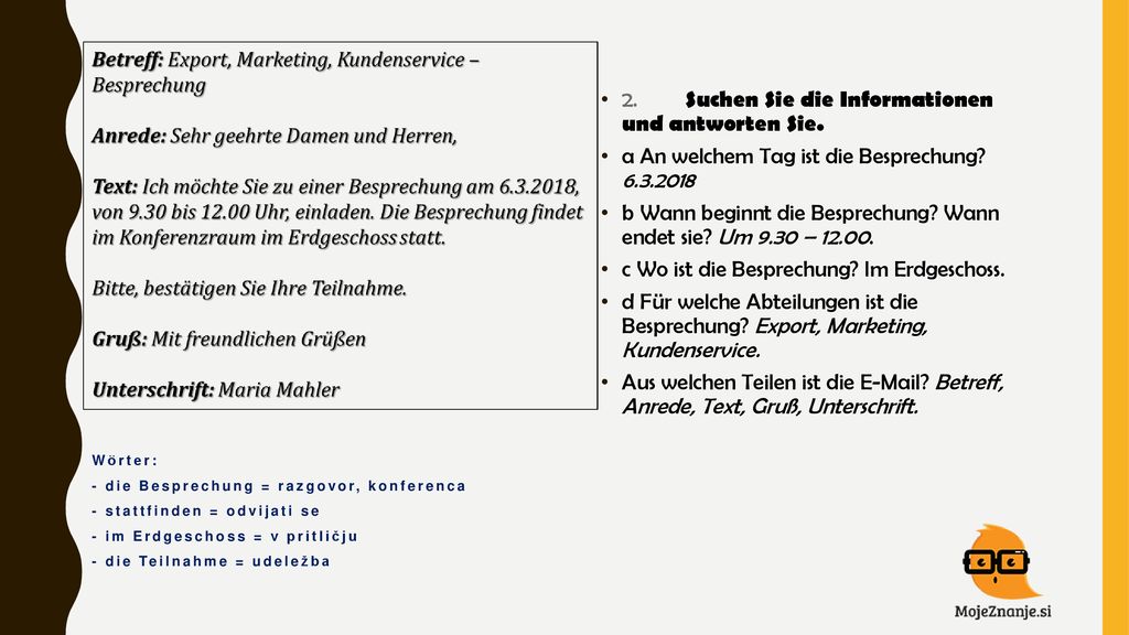 2. Suchen Sie die Informationen und antworten Sie.