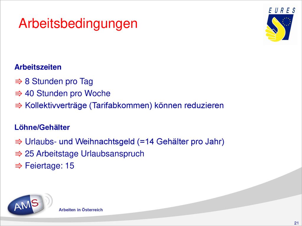 Arbeitsbedingungen 8 Stunden pro Tag 40 Stunden pro Woche