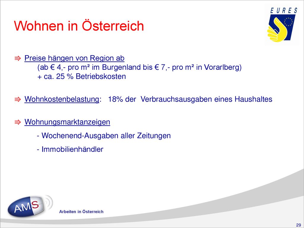 Wohnen in Österreich Preise hängen von Region ab (ab € 4,- pro m² im Burgenland bis € 7,- pro m² in Vorarlberg) + ca. 25 % Betriebskosten.