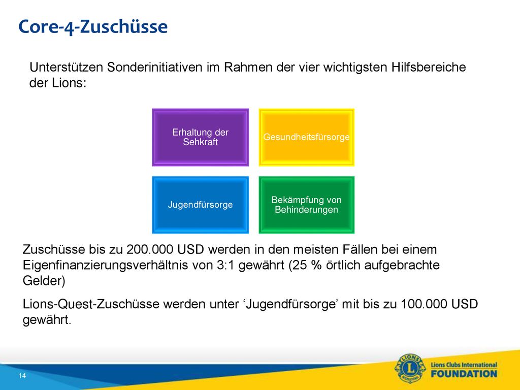 Core-4-Zuschüsse Unterstützen Sonderinitiativen im Rahmen der vier wichtigsten Hilfsbereiche der Lions:
