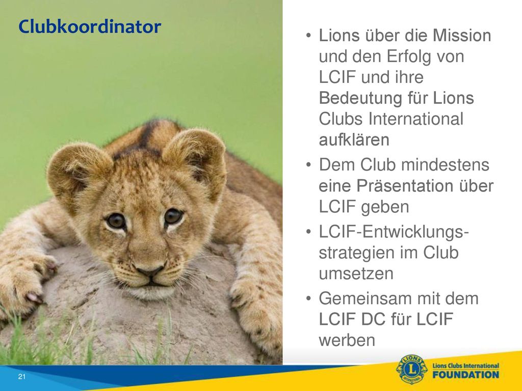 Clubkoordinator Lions über die Mission und den Erfolg von LCIF und ihre Bedeutung für Lions Clubs International aufklären.
