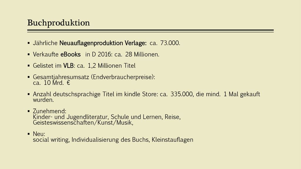 Buchproduktion Jährliche Neuauflagenproduktion Verlage: ca