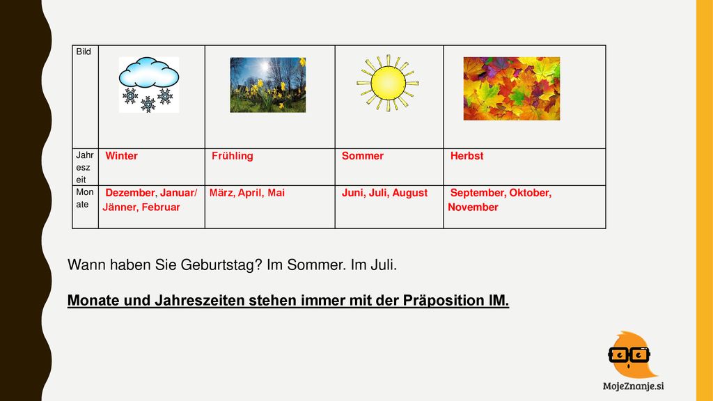 Wann haben Sie Geburtstag Im Sommer. Im Juli.