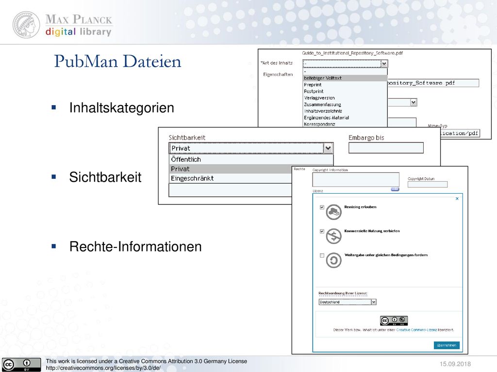 PubMan Dateien Inhaltskategorien Sichtbarkeit Rechte-Informationen