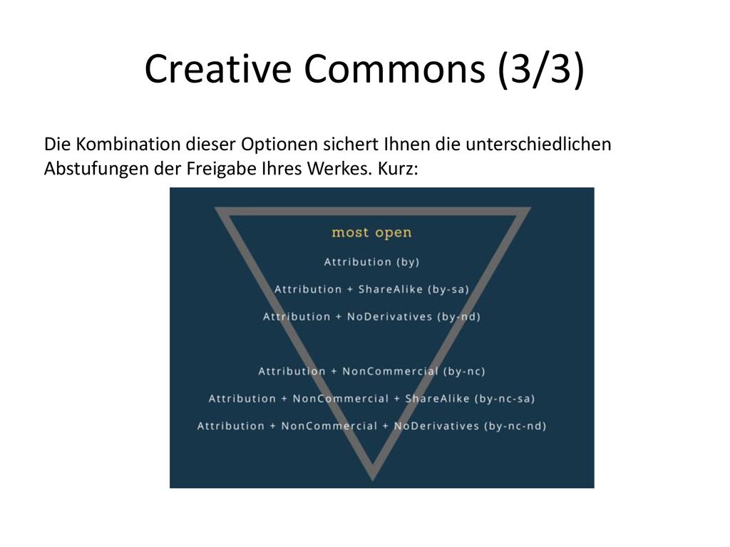 Creative Commons (3/3) Die Kombination dieser Optionen sichert Ihnen die unterschiedlichen Abstufungen der Freigabe Ihres Werkes.