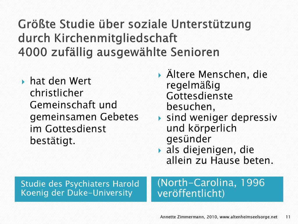 Größte Studie über soziale Unterstützung durch Kirchenmitgliedschaft 4000 zufällig ausgewählte Senioren
