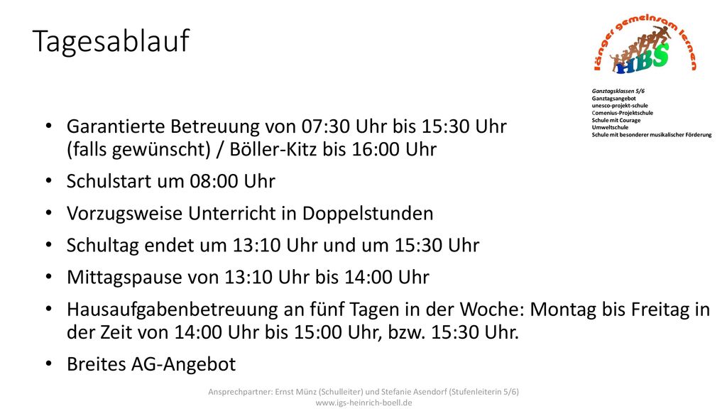 Tagesablauf Ganztagsklassen 5/6. Ganztagsangebot unesco-projekt-schule Comenius-Projektschule Schule mit Courage.