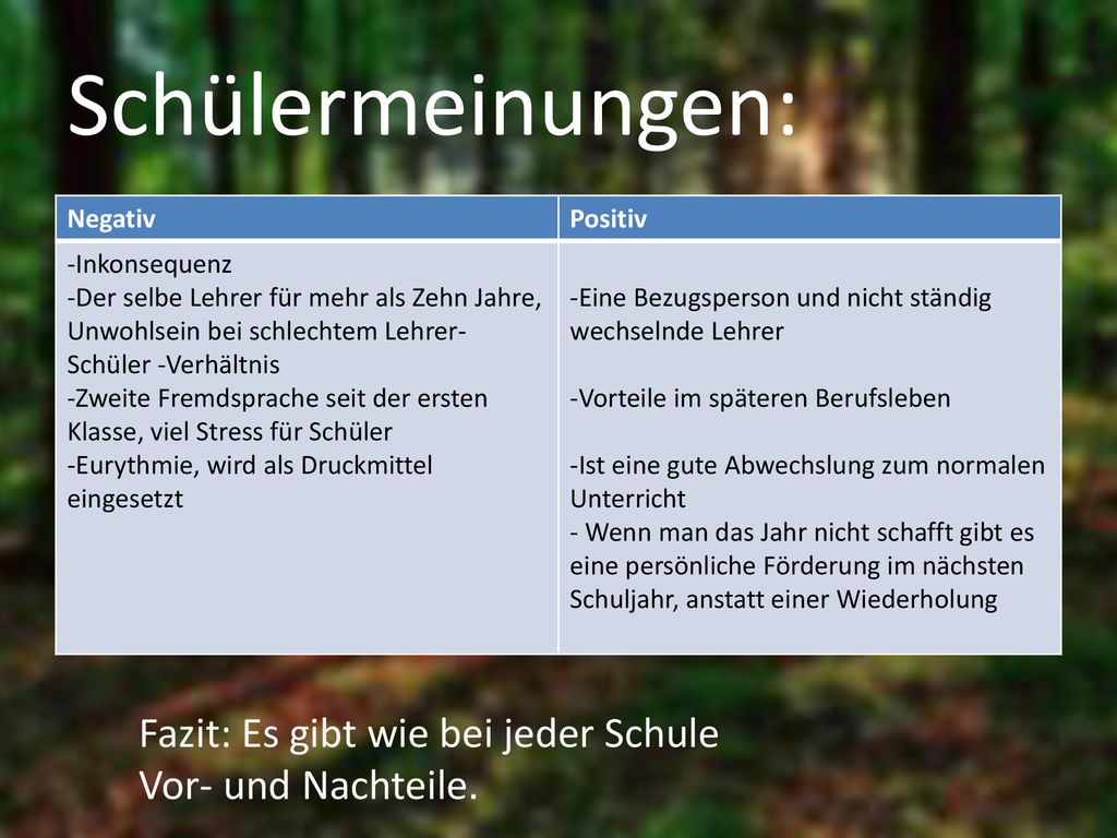 Schülermeinungen: Negativ. Positiv. -Inkonsequenz. -Der selbe Lehrer für mehr als Zehn Jahre,