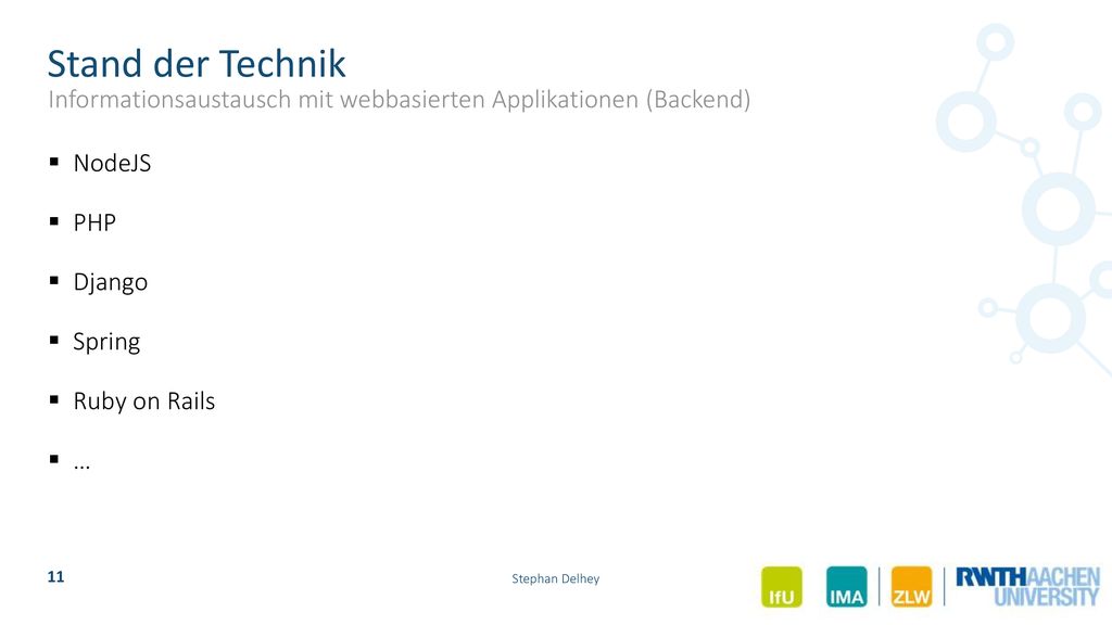 Stand der Technik Informationsaustausch mit webbasierten Applikationen (Backend) NodeJS. PHP. Django.