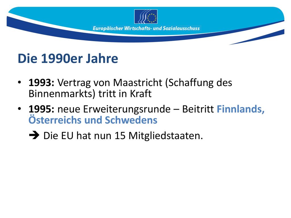 Die 1990er Jahre  Die EU hat nun 15 Mitgliedstaaten.