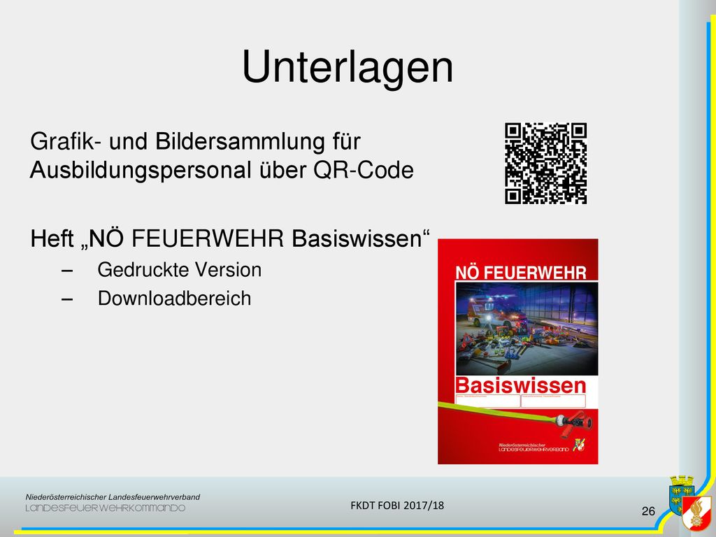 Unterlagen Grafik- und Bildersammlung für Ausbildungspersonal über QR-Code. Heft „NÖ FEUERWEHR Basiswissen