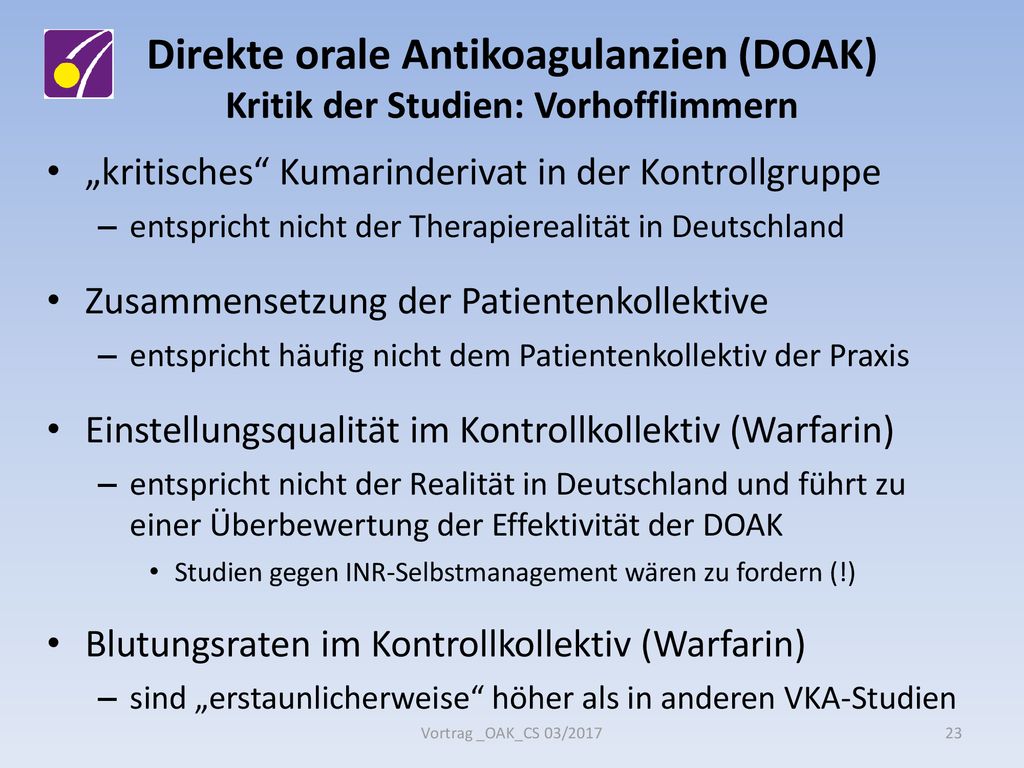 Direkte orale Antikoagulanzien (DOAK) Kritik der Studien: Vorhofflimmern
