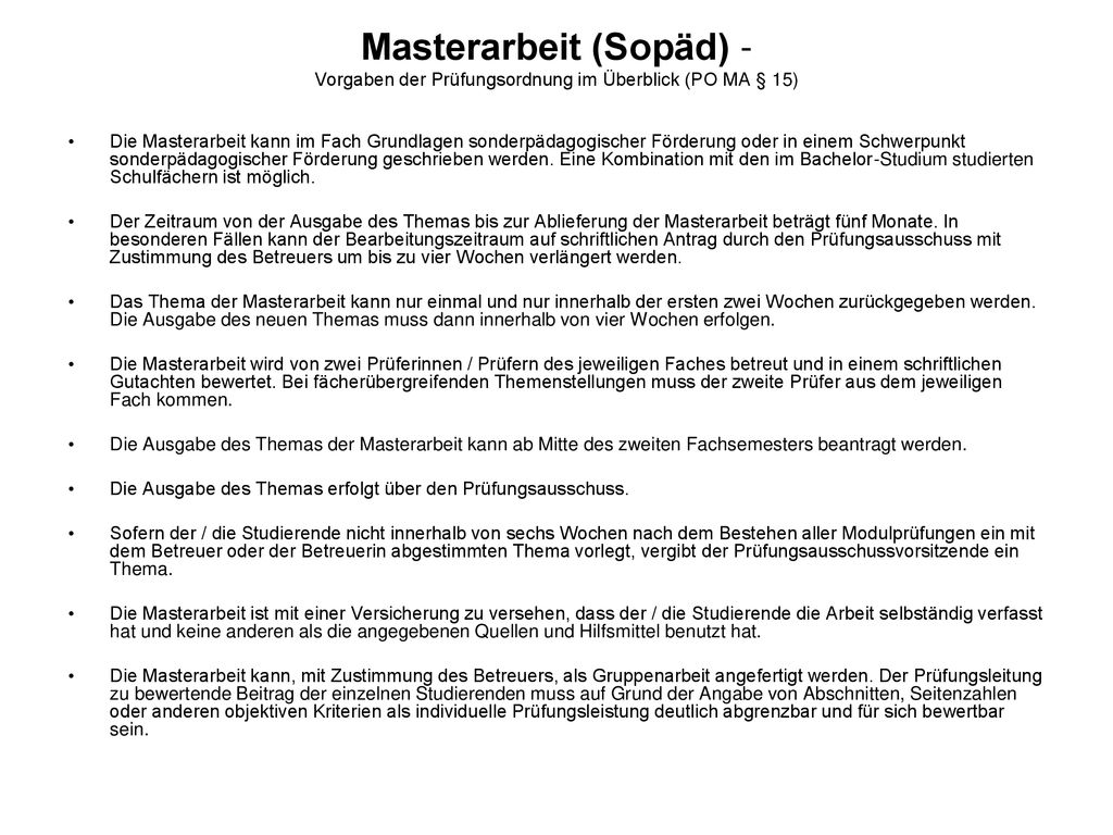 Masterarbeit (Sopäd) - Vorgaben der Prüfungsordnung im Überblick (PO MA § 15)