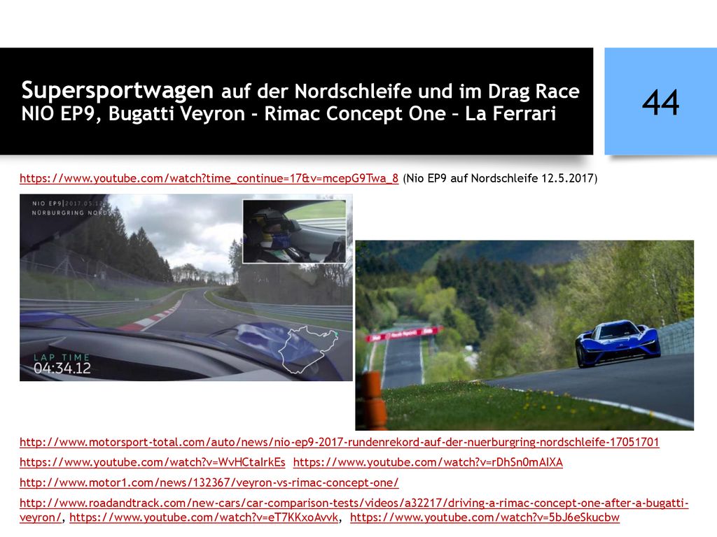 Supersportwagen auf der Nordschleife und im Drag Race NIO EP9, Bugatti Veyron - Rimac Concept One – La Ferrari
