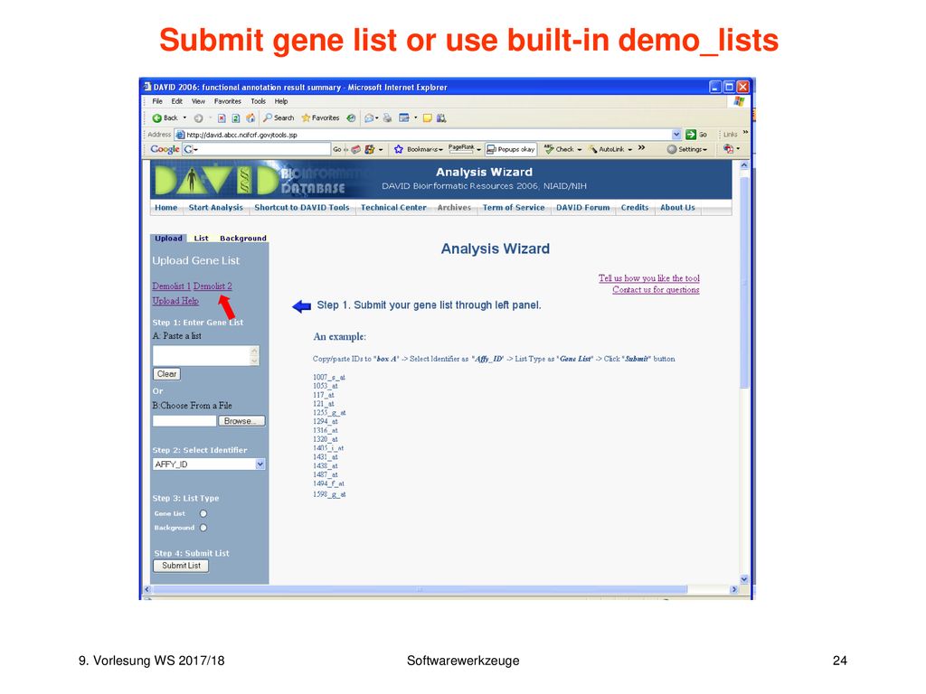 Submit gene list or use built-in demo_lists
