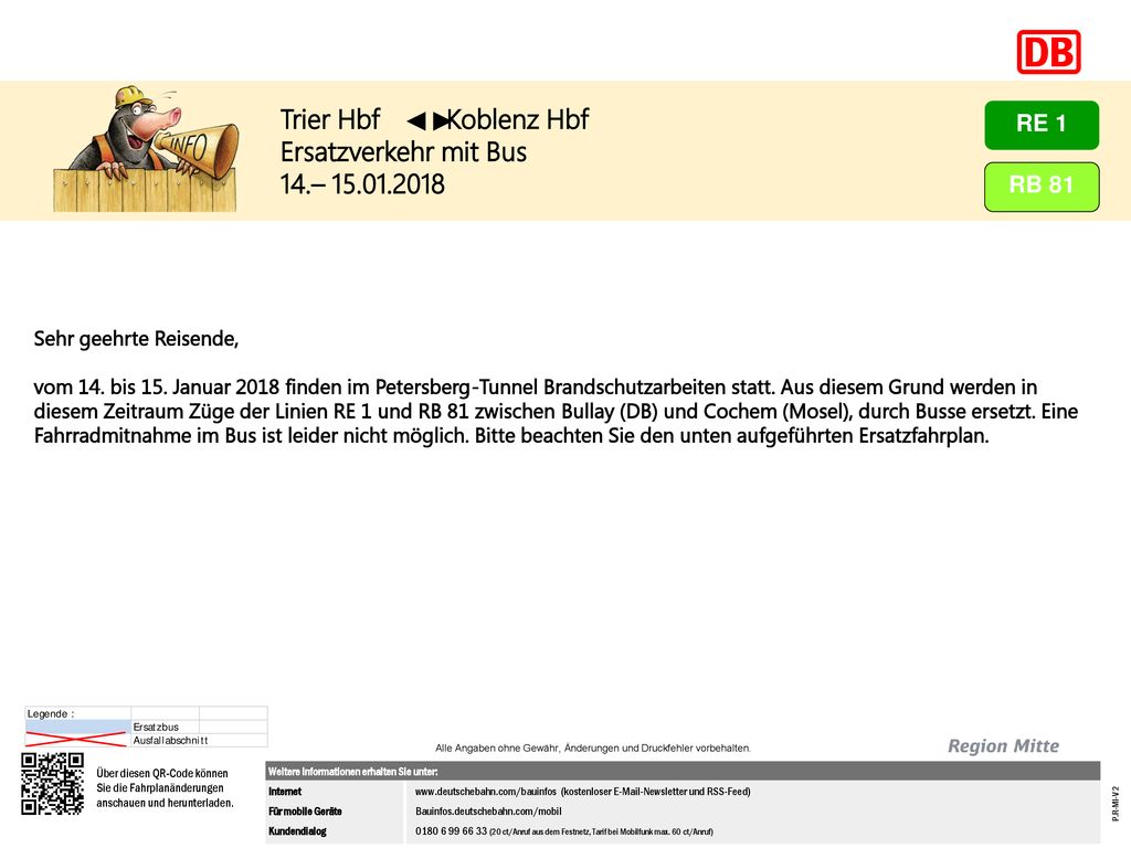 ◄► Trier Hbf Koblenz Hbf Ersatzverkehr mit Bus 14.– RE 1