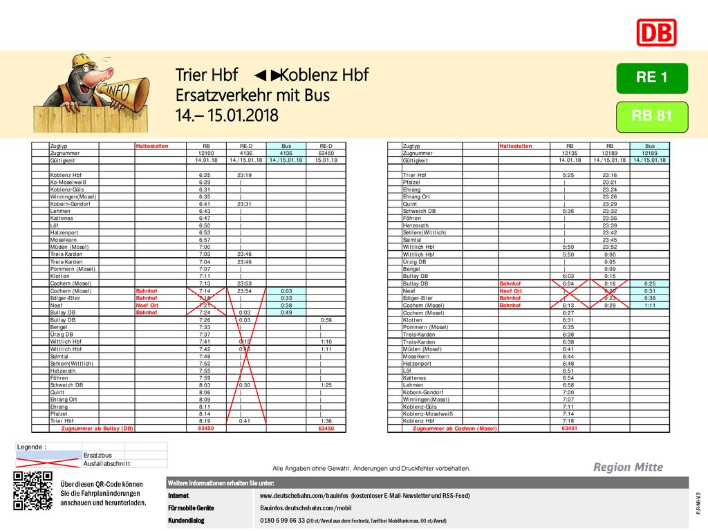 ◄► Trier Hbf Koblenz Hbf Ersatzverkehr mit Bus 14.– RE 1