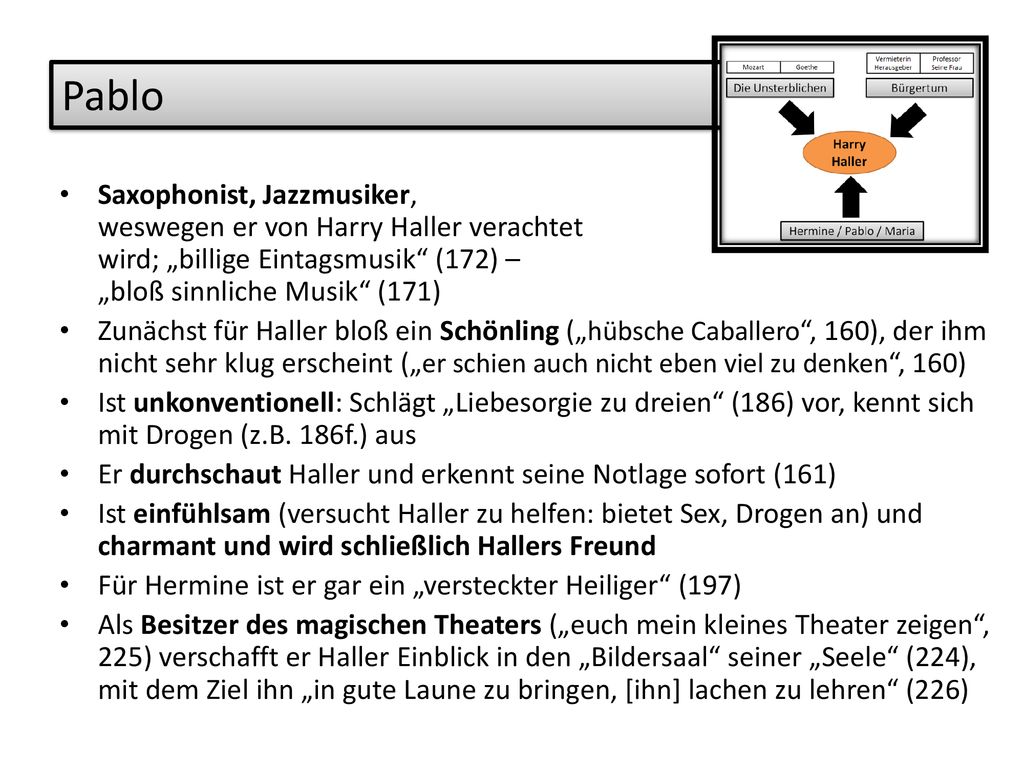 Pablo Saxophonist, Jazzmusiker, weswegen er von Harry Haller verachtet wird; „billige Eintagsmusik (172) – „bloß sinnliche Musik (171)
