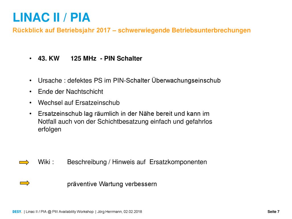 LINAC II / PIA Rückblick auf Betriebsjahr 2017 – schwerwiegende Betriebsunterbrechungen. 43. KW 125 MHz - PIN Schalter.