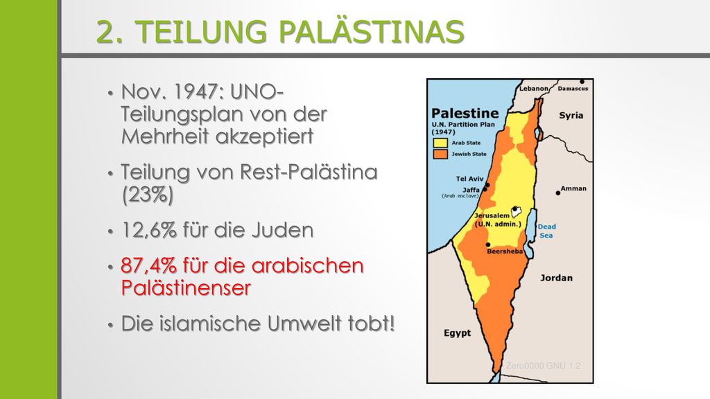 2. Teilung Palästinas Nov. 1947: UNO- Teilungsplan von der Mehrheit akzeptiert. Teilung von Rest-Palästina (23%)