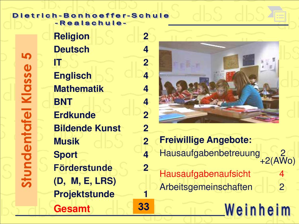 Stundentafel Klasse 5 33 Gesamt Religion 2 Deutsch 4 IT 2 Englisch 4