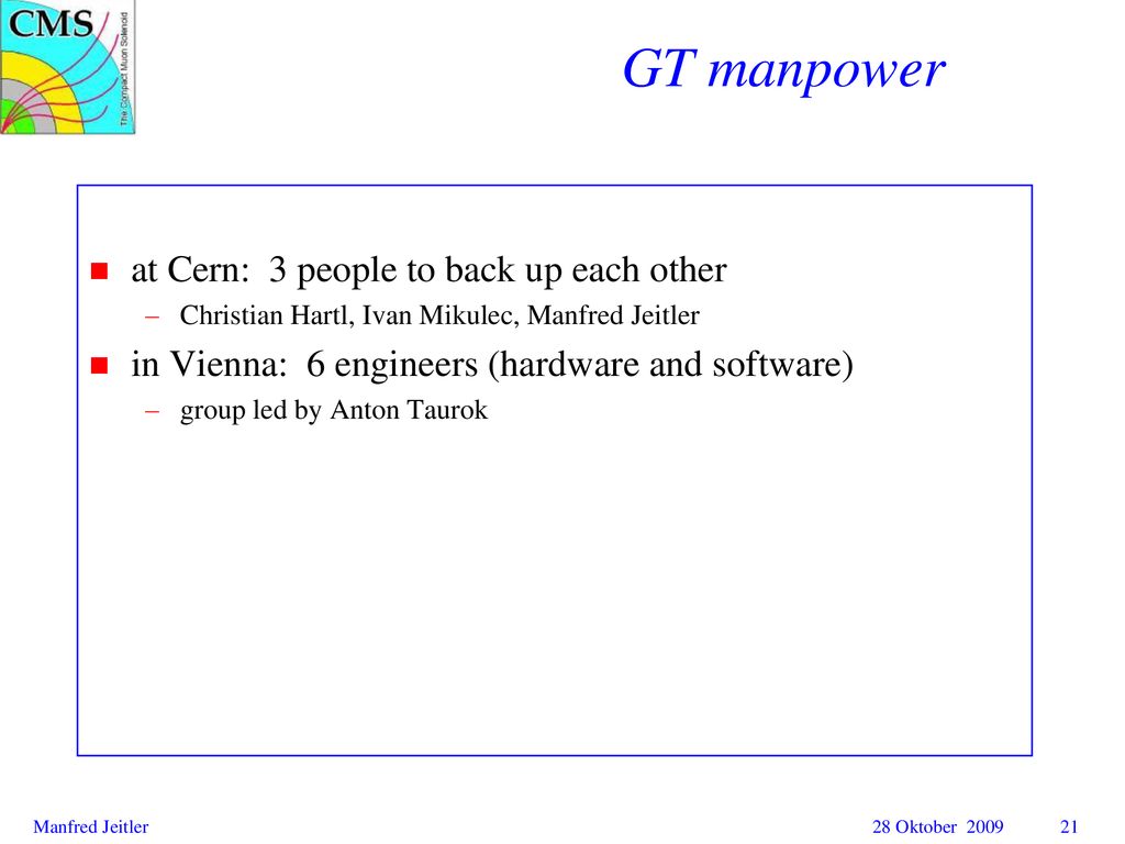 GT manpower at Cern: 3 people to back up each other
