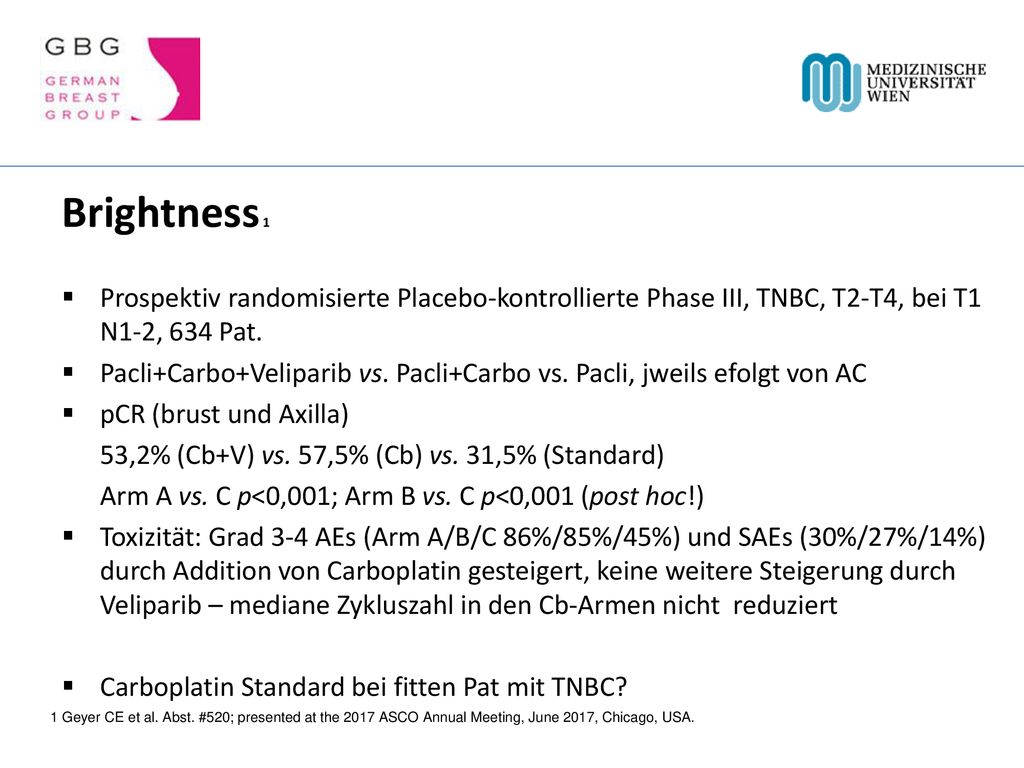 Brightness 1 Prospektiv randomisierte Placebo-kontrollierte Phase III, TNBC, T2-T4, bei T1 N1-2, 634 Pat.