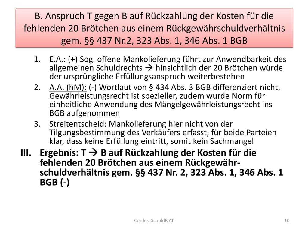 B. Anspruch T gegen B auf Rückzahlung der Kosten für die fehlenden 20 Brötchen aus einem Rückgewährschuldverhältnis gem. §§ 437 Nr.2, 323 Abs. 1, 346 Abs. 1 BGB