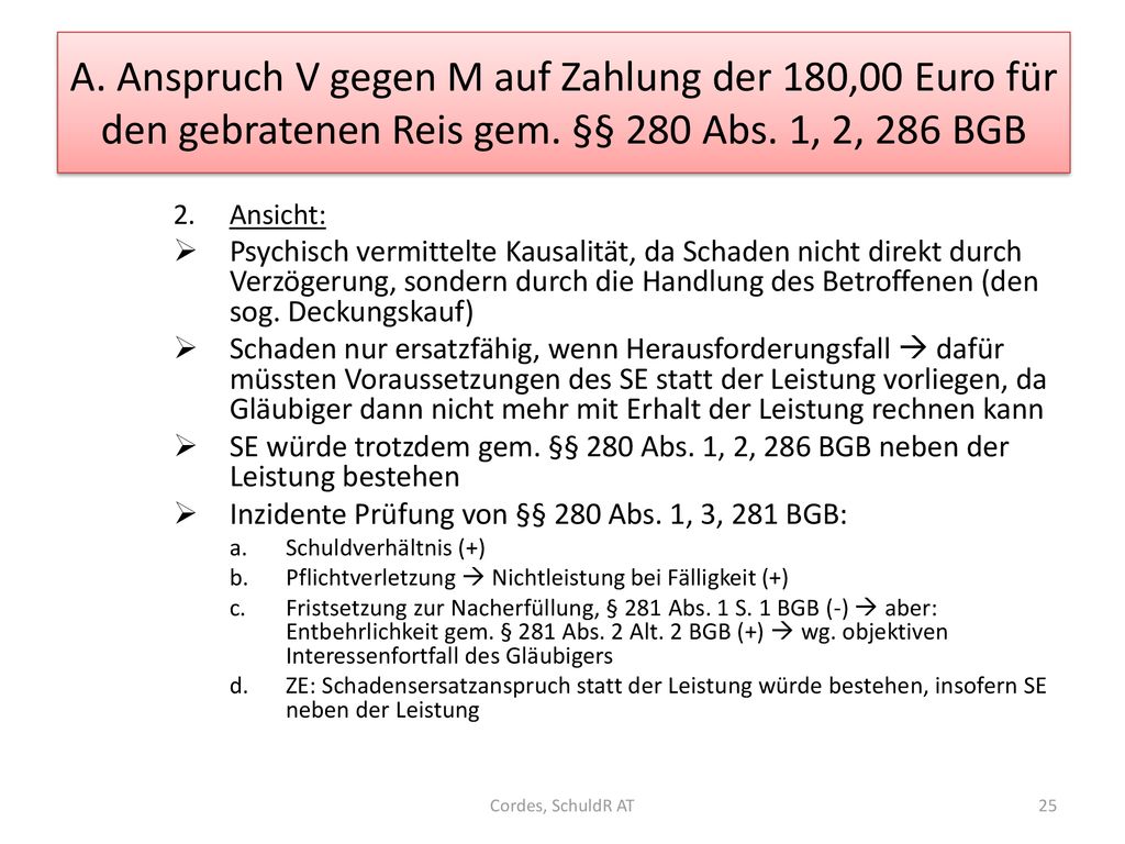 A. Anspruch V gegen M auf Zahlung der 180,00 Euro für den gebratenen Reis gem. §§ 280 Abs. 1, 2, 286 BGB