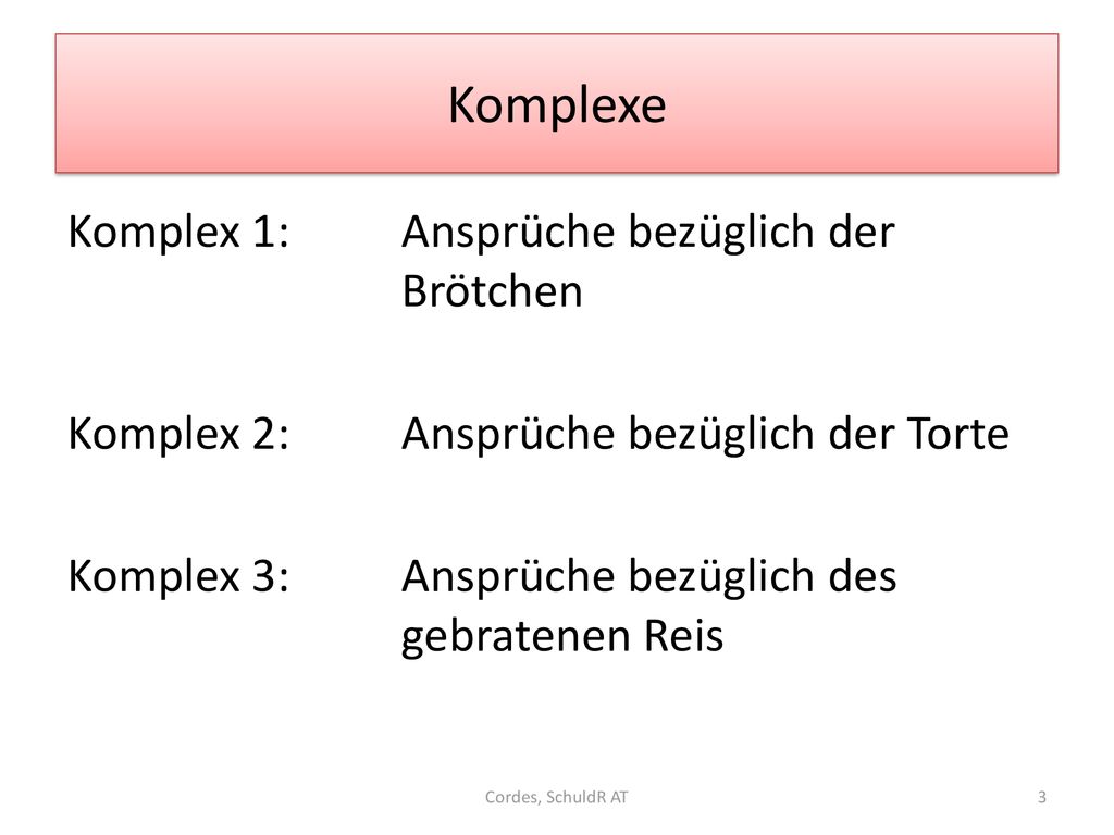 Komplexe Komplex 1: Ansprüche bezüglich der Brötchen Komplex 2: Ansprüche bezüglich der Torte Komplex 3: Ansprüche bezüglich des gebratenen Reis
