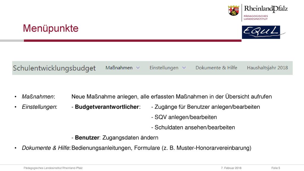 Menüpunkte Maßnahmen: Neue Maßnahme anlegen, alle erfassten Maßnahmen in der Übersicht aufrufen.