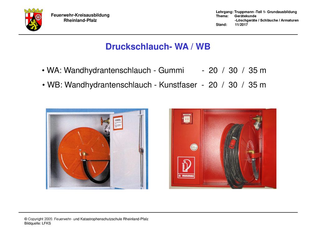 Druckschlauch- WA / WB WA: Wandhydrantenschlauch - Gummi - 20 / 30 / 35 m. WB: Wandhydrantenschlauch - Kunstfaser - 20 / 30 / 35 m.