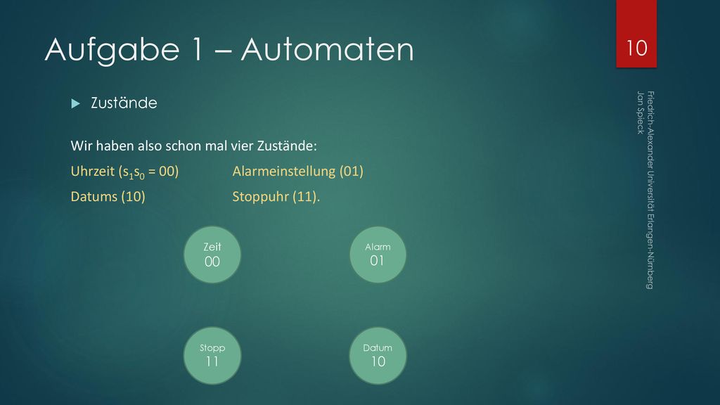 Aufgabe 1 – Automaten Zustände Wir haben also schon mal vier Zustände: