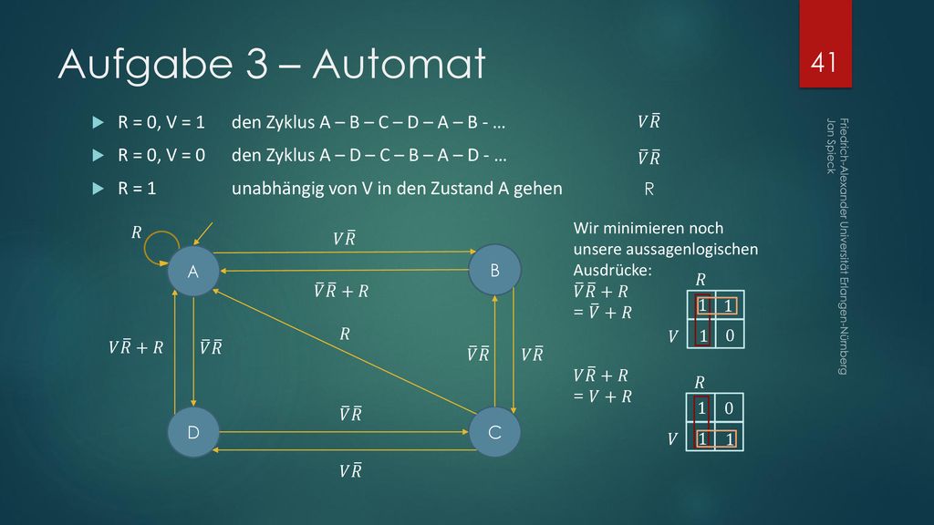 Aufgabe 3 – Automat R = 0, V = 1 den Zyklus A – B – C – D – A – B - …