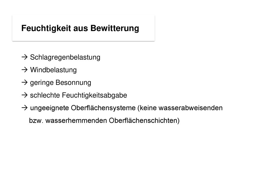 Feuchtigkeit aus Bewitterung  Schlagregenbelastung  Windbelastung  geringe Besonnung  schlechte Feuchtigkeitsabgabe  ungeeignete Oberflächensysteme (keine wasserabweisenden bzw.