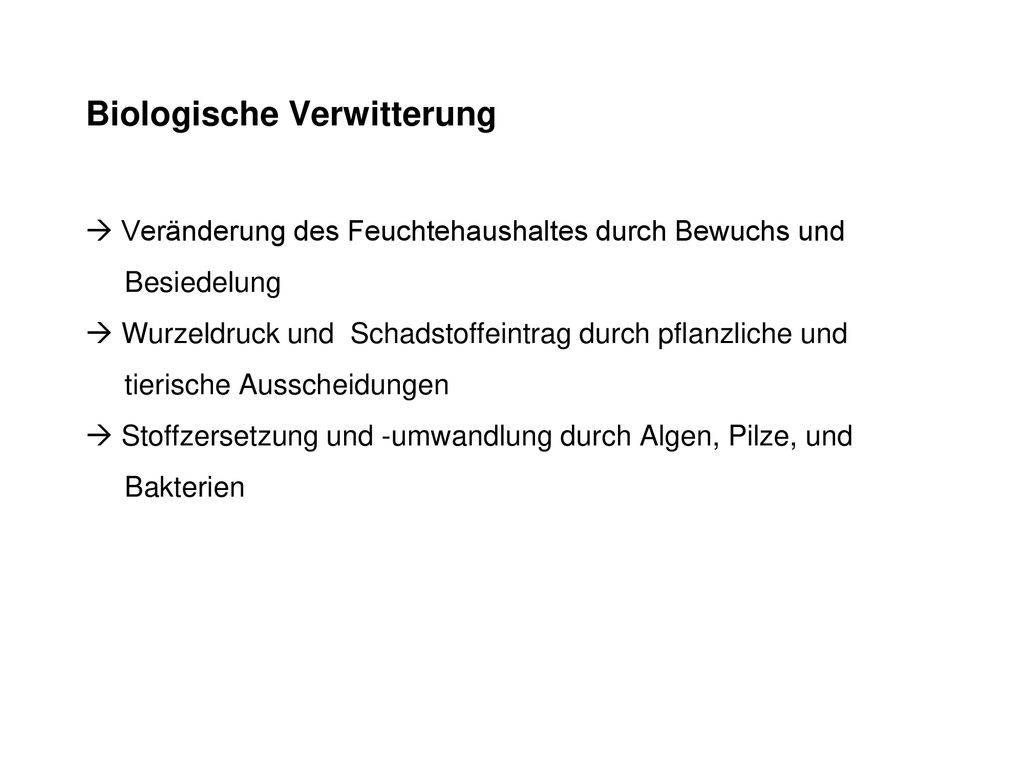Biologische Verwitterung  Veränderung des Feuchtehaushaltes durch Bewuchs und Besiedelung  Wurzeldruck und Schadstoffeintrag durch pflanzliche und tierische Ausscheidungen  Stoffzersetzung und -umwandlung durch Algen, Pilze, und Bakterien