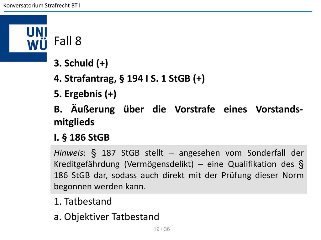Fall 8 3. Schuld (+) 4. Strafantrag, § 194 I S. 1 StGB (+) 5. Ergebnis (+) B. Äußerung über die Vorstrafe eines Vorstands-mitglieds I. § 186 StGB