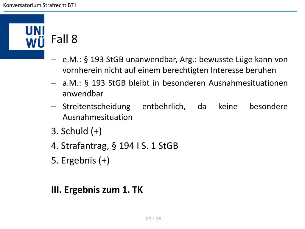 Fall 8 3. Schuld (+) 4. Strafantrag, § 194 I S. 1 StGB 5. Ergebnis (+)