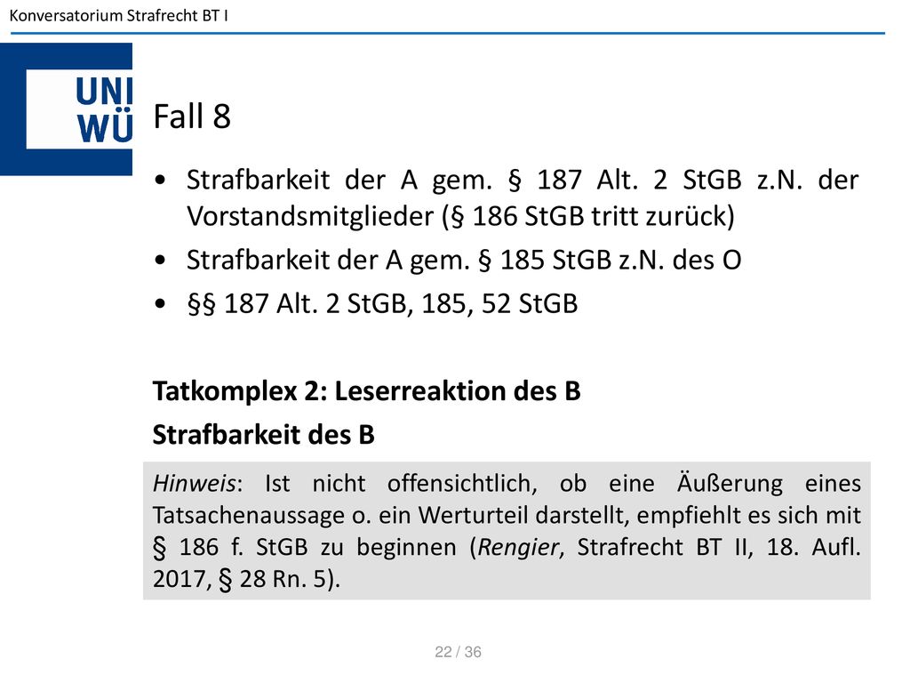 Fall 8 Strafbarkeit der A gem. § 187 Alt. 2 StGB z.N. der Vorstandsmitglieder (§ 186 StGB tritt zurück)