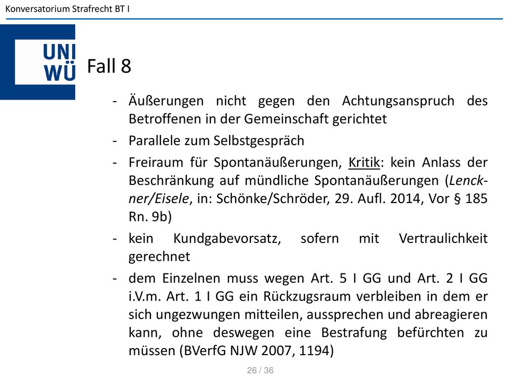 Fall 8 Äußerungen nicht gegen den Achtungsanspruch des Betroffenen in der Gemeinschaft gerichtet. Parallele zum Selbstgespräch.