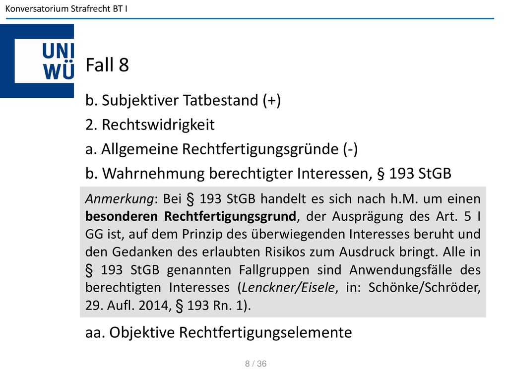 Fall 8 b. Subjektiver Tatbestand (+) 2. Rechtswidrigkeit a. Allgemeine Rechtfertigungsgründe (-) b. Wahrnehmung berechtigter Interessen, § 193 StGB