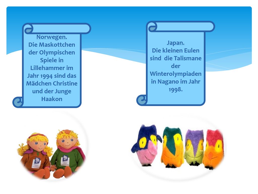 Japan. Die kleinen Eulen sind die Talismane der Winterolympiaden in Nagano im Jahr Norwegen.