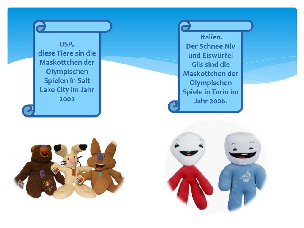 USA. diese Tiere sin die Maskottchen der Olympischen Spielen in Salt Lake City im Jahr Italien.