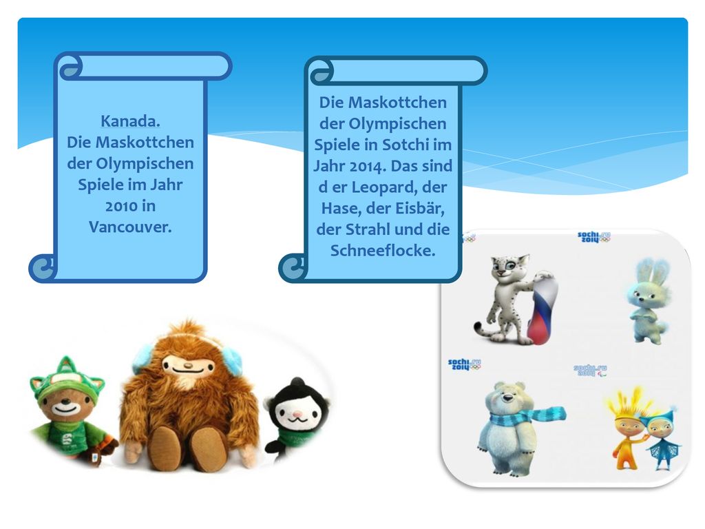 Die Maskottchen der Olympischen Spiele im Jahr 2010 in Vancouver.