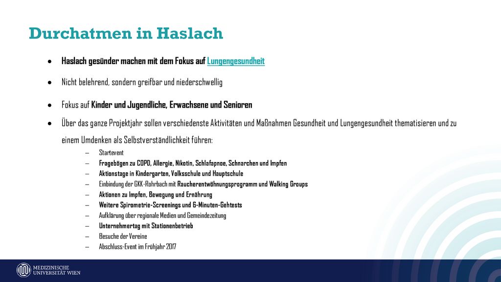 Durchatmen in Haslach Haslach gesünder machen mit dem Fokus auf Lungengesundheit. Nicht belehrend, sondern greifbar und niederschwellig.