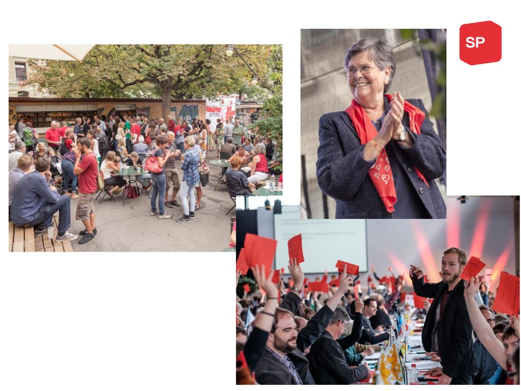 Für diese Forderungen und vieles mehr setzen wir uns in unserer täglichen politischen Arbeit ein: Auf Sektions-, Kantons- und der nationalen Ebene; auf der Strasse, in Parlamenten und Regierungen…(nächste Folie)