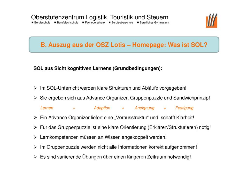 B. Auszug aus der OSZ Lotis – Homepage: Was ist SOL